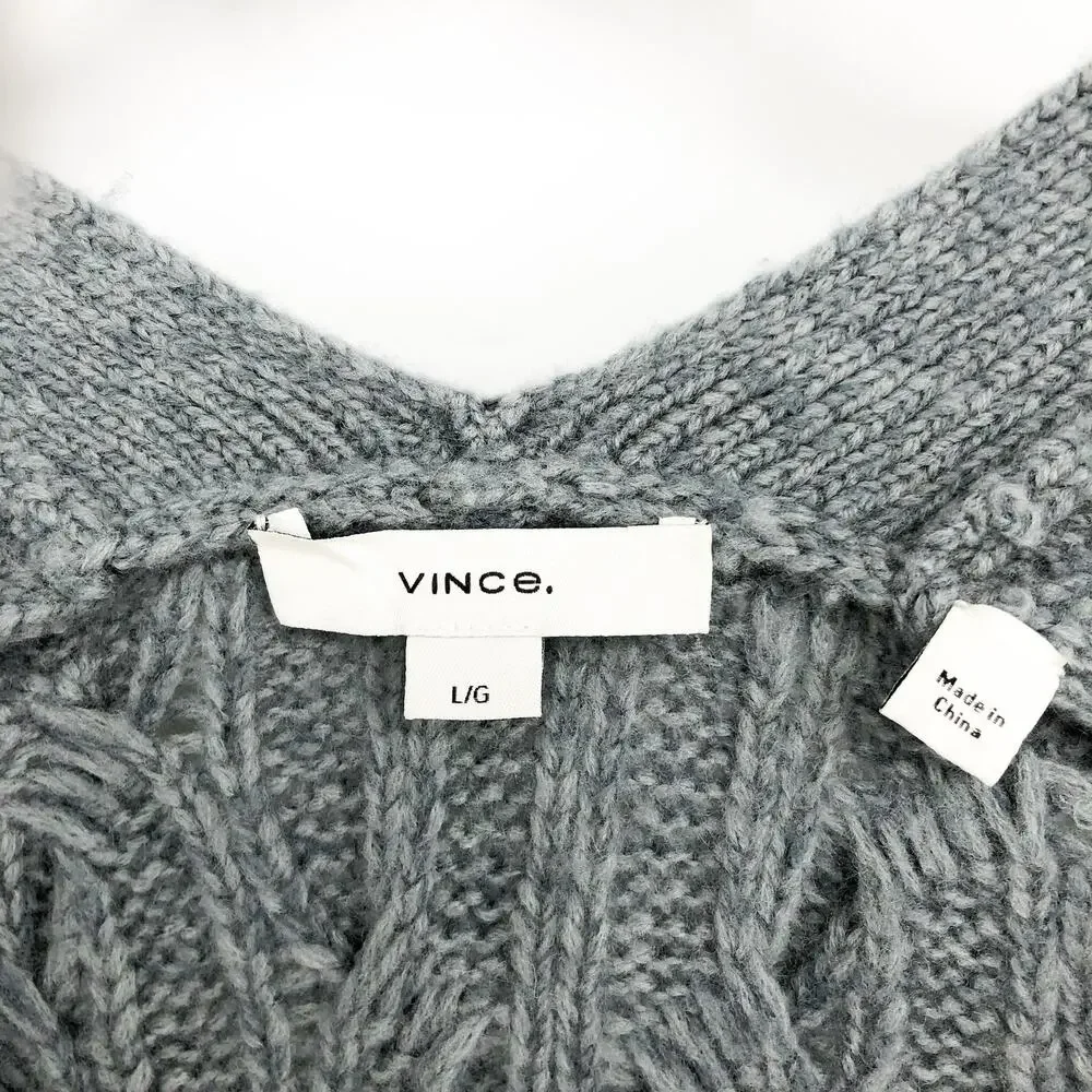 Vince. Womens Cable Cardigan Sweater Large Grey Cashmere Merino Wool Knit NWOT
